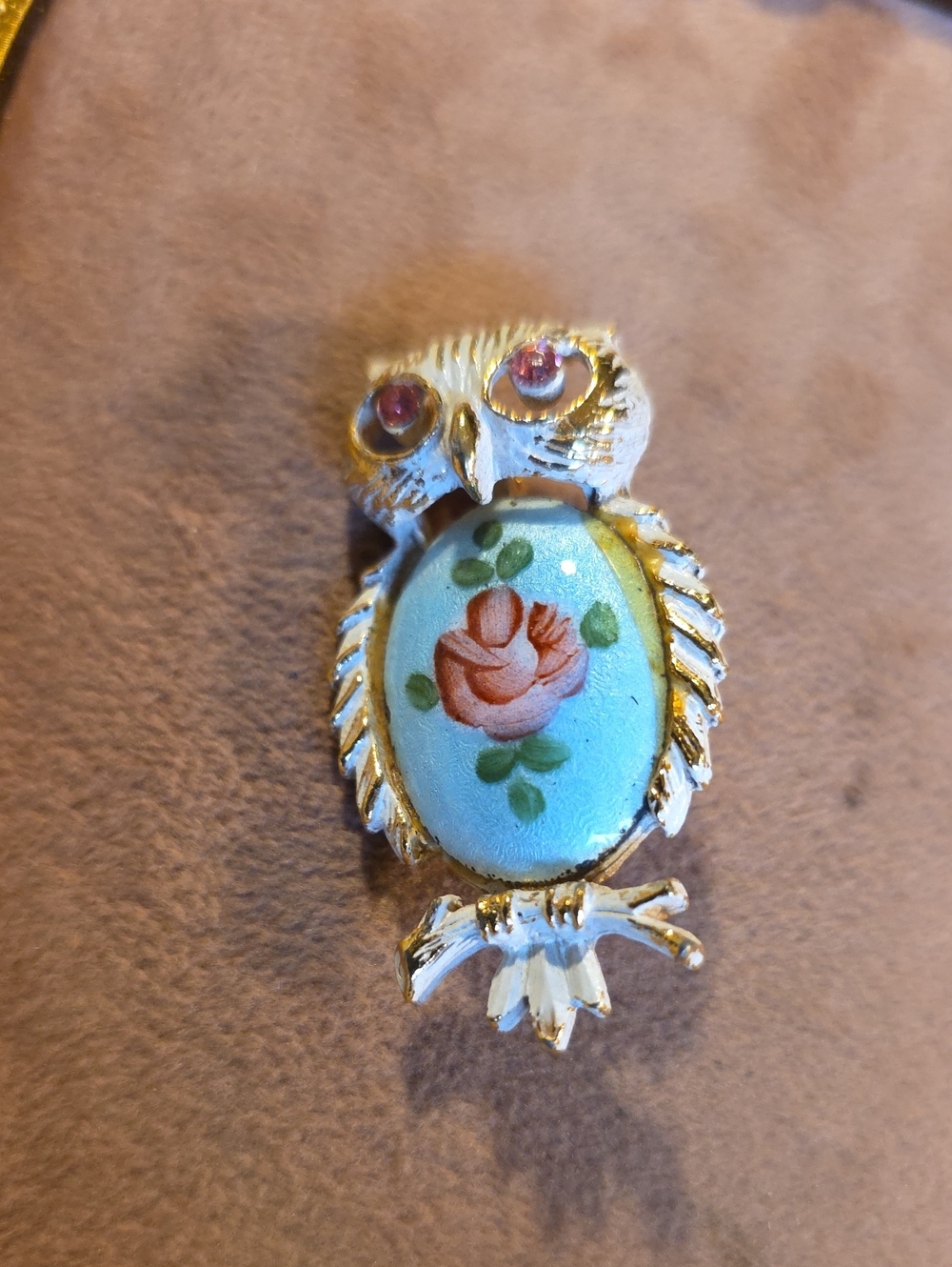 Vintage Mid-Century Owl Brooch Pin Enamel Rhinestone Blue Rose Cabochon